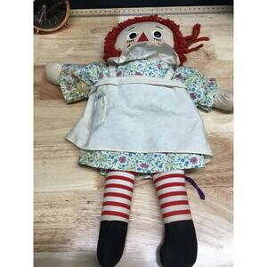 Vintage Raggedy Ann Cloth Red Hair Striped Stockings Embroidered Face Girl Doll